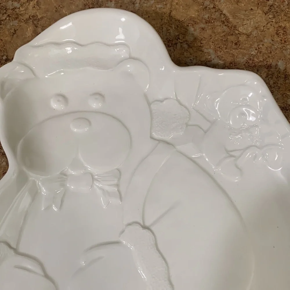 Bloomingdales white Christmas platter. Santa (bear)with sack of presents.